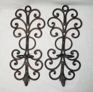 Two Vintage Scrolled Black Iron Wall Sconces Bronze Details